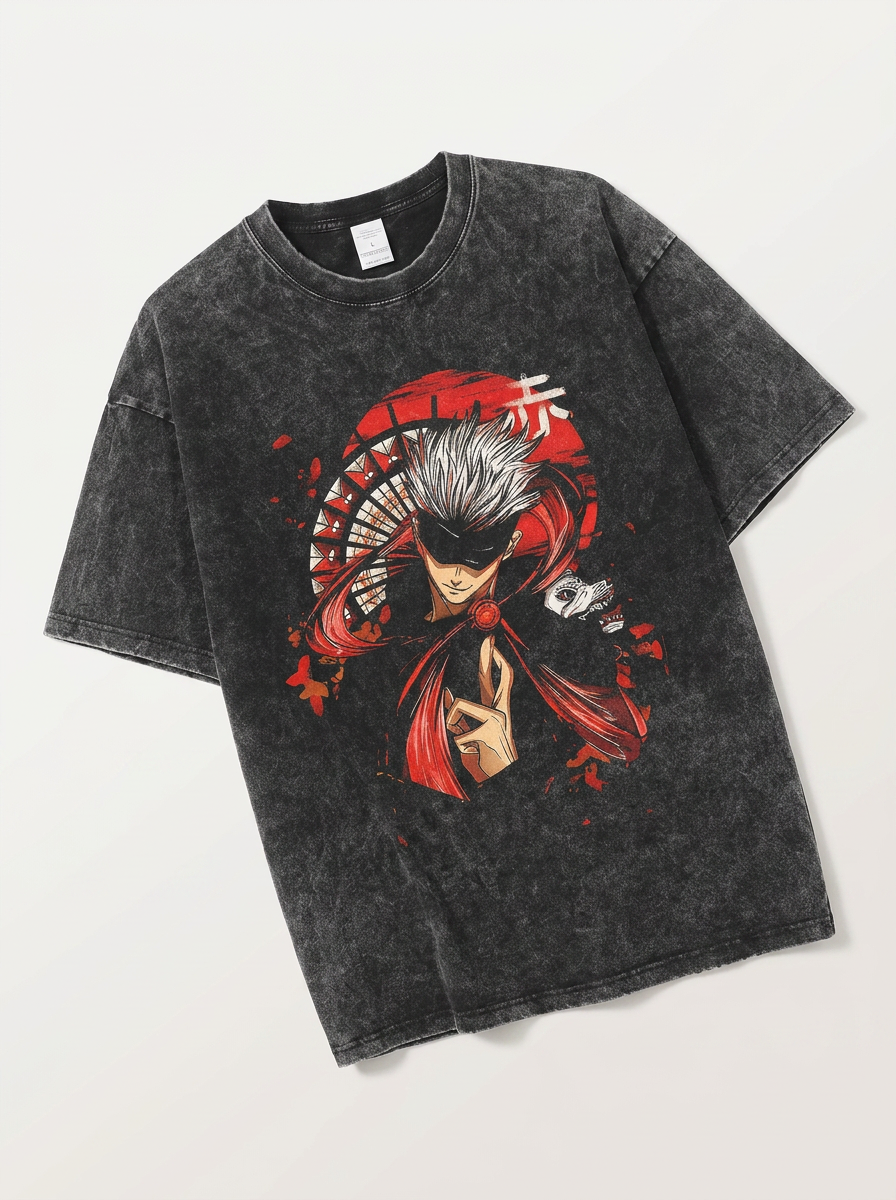Vintage Washable T-Shirt - Streetwear Anime Graphic angle perspective shot — washed cotton t-shirt | Tempus Arc premium anime streetwear