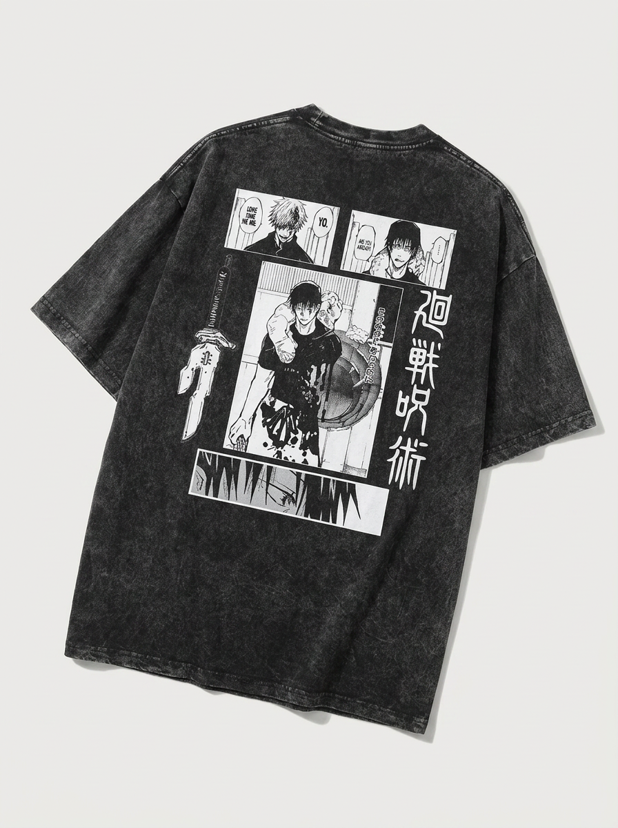 Vintage Washable T-Shirt - Streetwear Anime Graphic angle perspective shot — washed cotton t-shirt | Tempus Arc premium anime streetwear