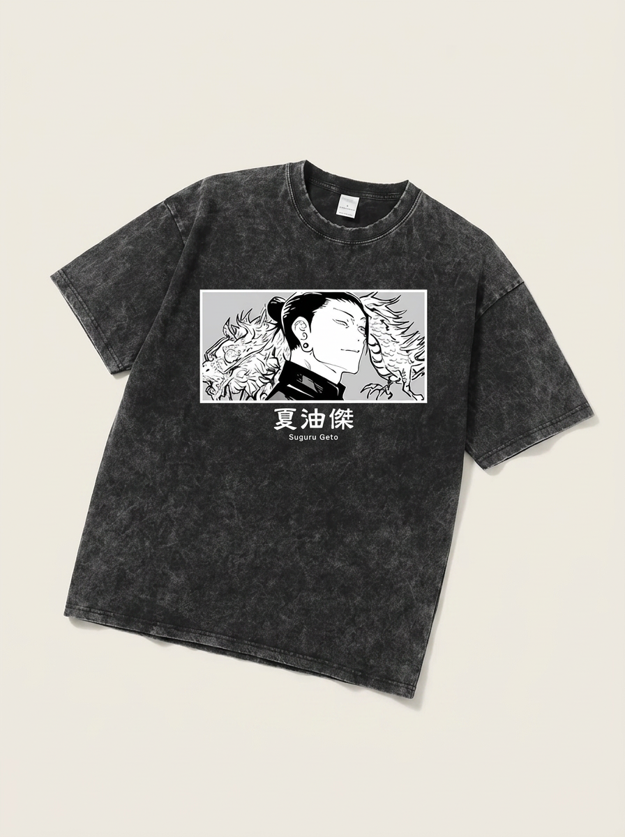 Vintage Washable T-Shirt - Streetwear Anime Graphic angle perspective shot — washed cotton t-shirt | Tempus Arc premium anime streetwear