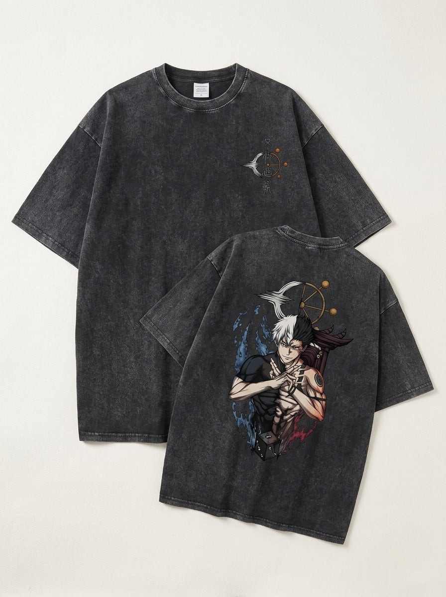 Vintage Washable T-Shirt - Streetwear Anime Graphic angle perspective shot — washed cotton t-shirt | Tempus Arc premium anime streetwear