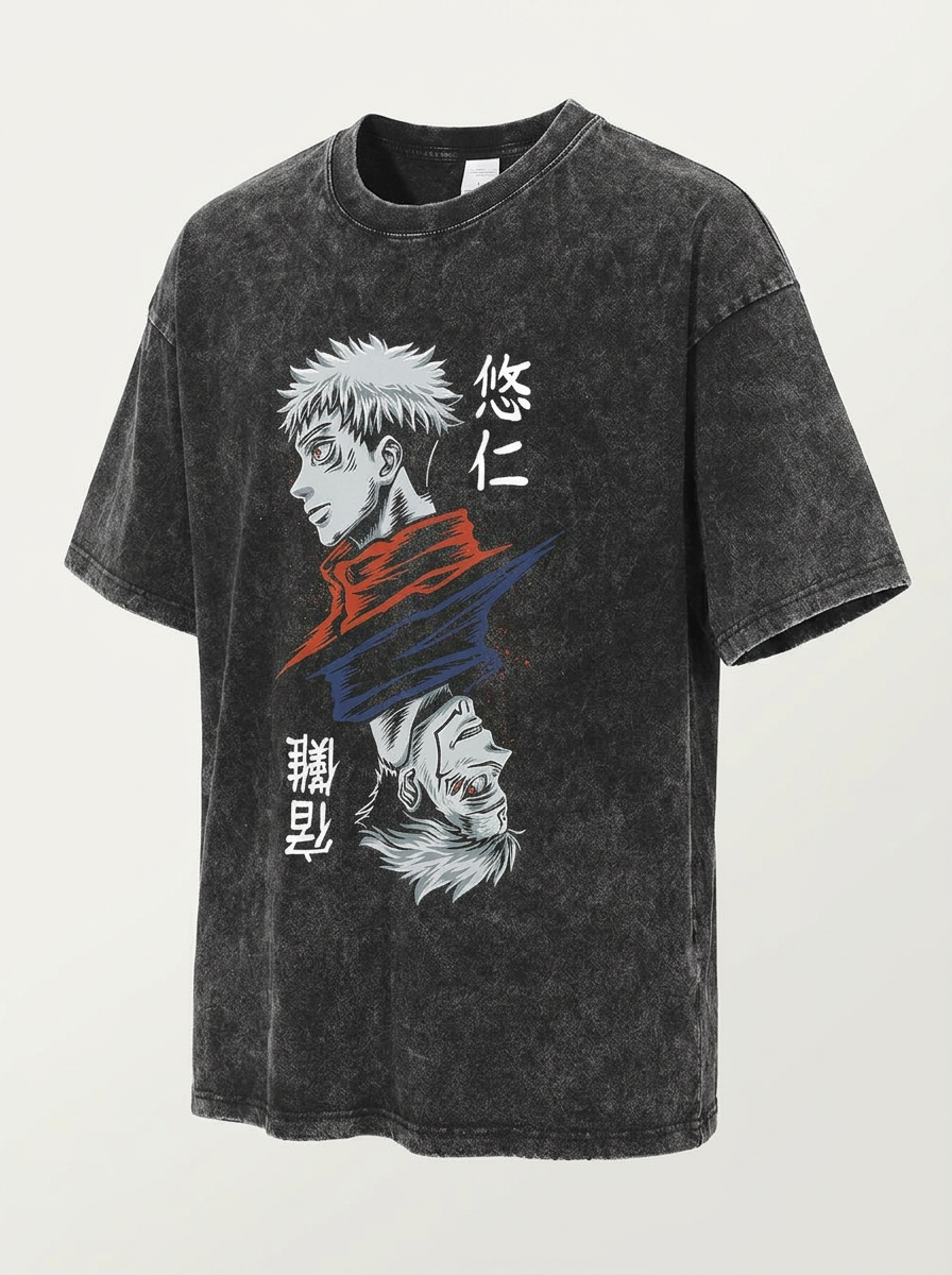 Vintage Washable T-Shirt - Streetwear Anime Graphic angle perspective shot — washed cotton t-shirt | Tempus Arc premium anime streetwear