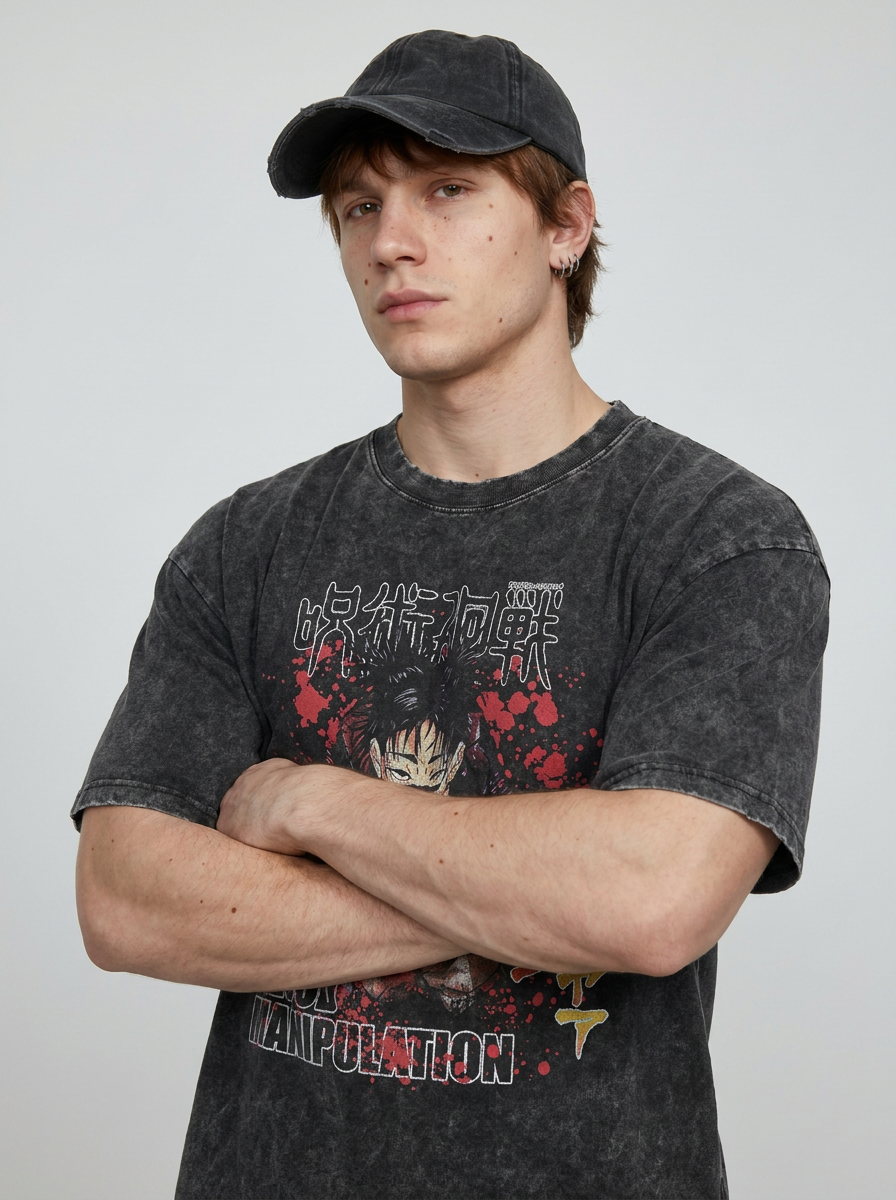 Vintage Washed Jujutsu Kaisen Gojo Sat T-Shirt on model arms crossed — washed black t-shirt | Tempus Arc premium anime streetwear