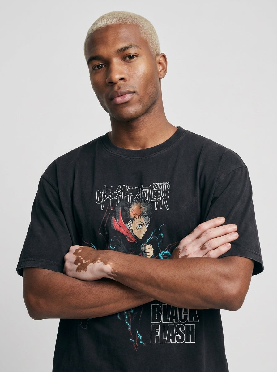 Vintage Washed Jujutsu Kaisen Gojo Sat T-Shirt on model arms crossed — washed black t-shirt | Tempus Arc premium anime streetwear