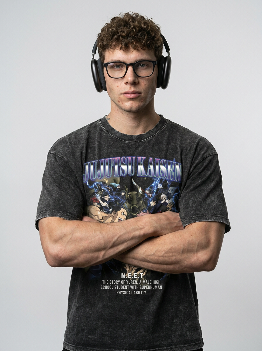 Vintage Washed Jujutsu Kaisen Gojo Sat T-Shirt on model arms crossed — washed black t-shirt | Tempus Arc premium anime streetwear