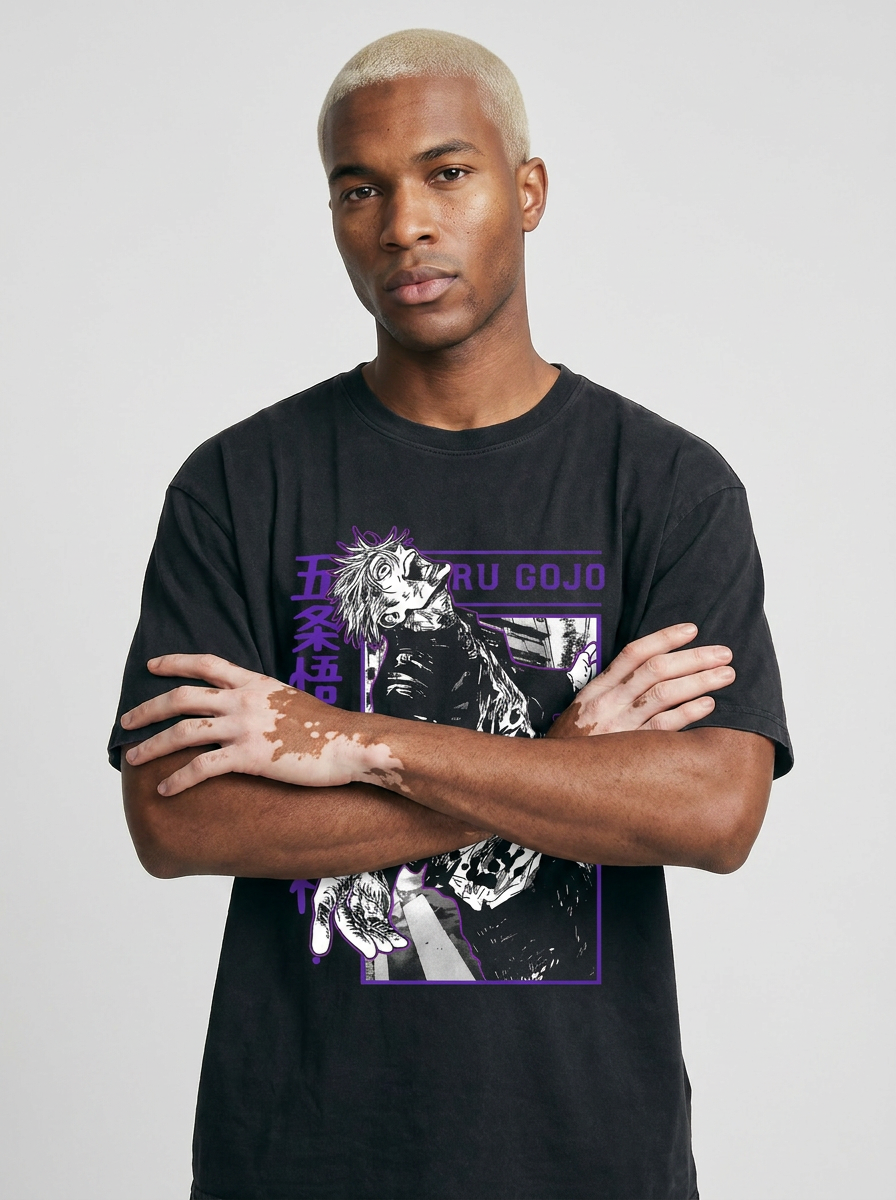 Vintage Washed Jujutsu Kaisen Gojo Sat T-Shirt on model arms crossed — washed black t-shirt | Tempus Arc premium anime streetwear