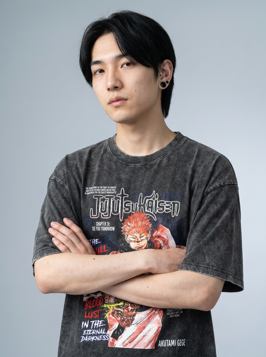 Vintage Washed Jujutsu Kaisen Gojo Sat T-Shirt on model arms crossed — washed black t-shirt | Tempus Arc premium anime streetwear