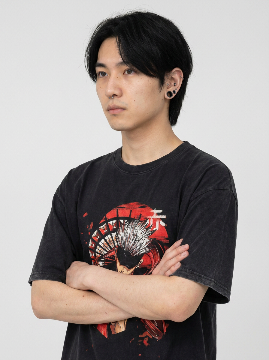Vintage Washed Jujutsu Kaisen Gojo Sat T-Shirt on model arms crossed — washed black t-shirt | Tempus Arc premium anime streetwear