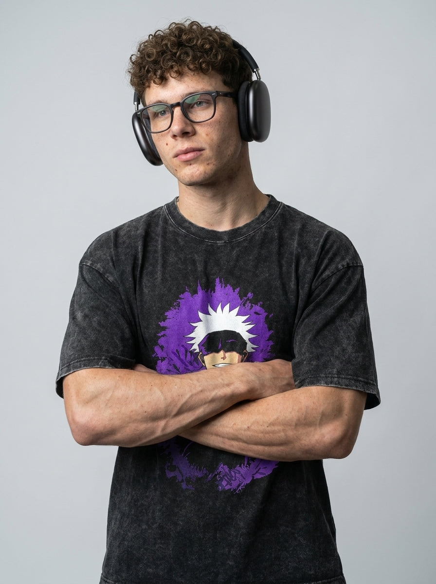 Vintage Washed Jujutsu Kaisen Gojo Sat T-Shirt on model arms crossed — washed black t-shirt | Tempus Arc premium anime streetwear