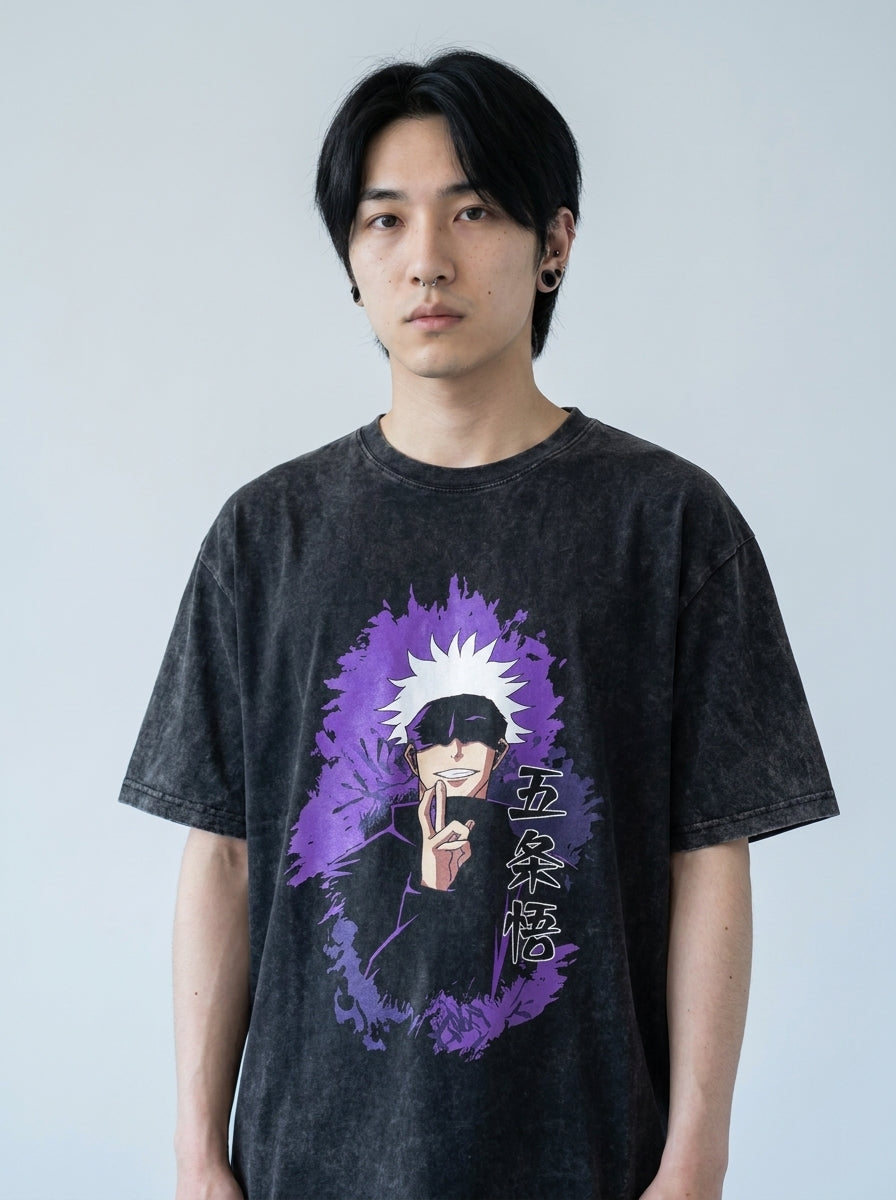 Vintage Washed Jujutsu Kaisen Gojo Sat T-Shirt on male model — washed black t-shirt front view | Tempus Arc premium anime streetwear