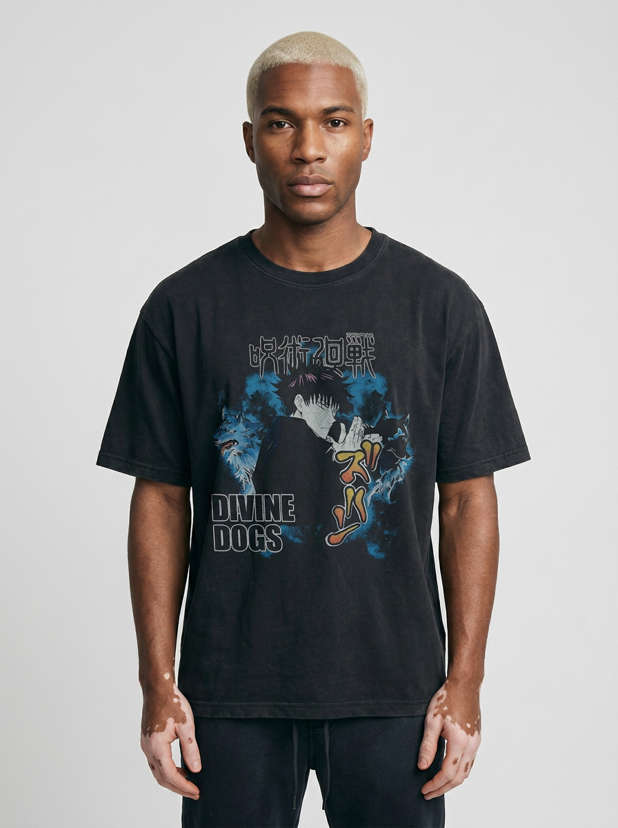 Vintage Washed Jujutsu Kaisen Gojo Sat T-Shirt model frontal central — washed black t-shirt | Tempus Arc premium anime streetwear