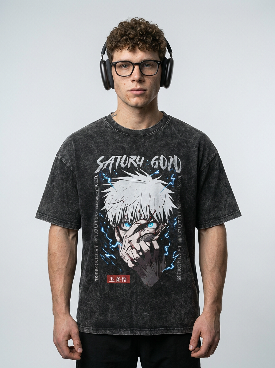 Vintage Washed Jujutsu Kaisen Gojo Sat T-Shirt model frontal central — washed black t-shirt | Tempus Arc premium anime streetwear