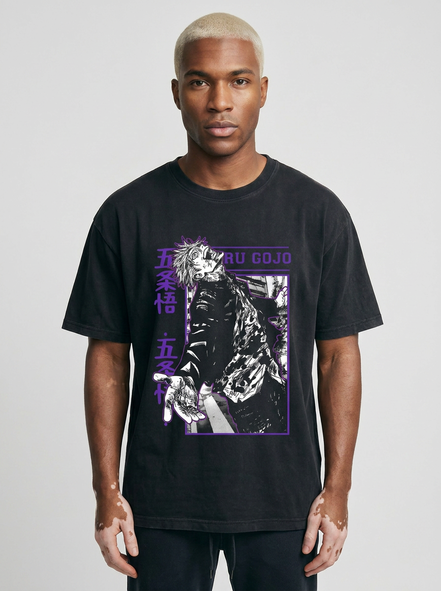 Vintage Washed Jujutsu Kaisen Gojo Sat T-Shirt model frontal central — washed black t-shirt | Tempus Arc premium anime streetwear