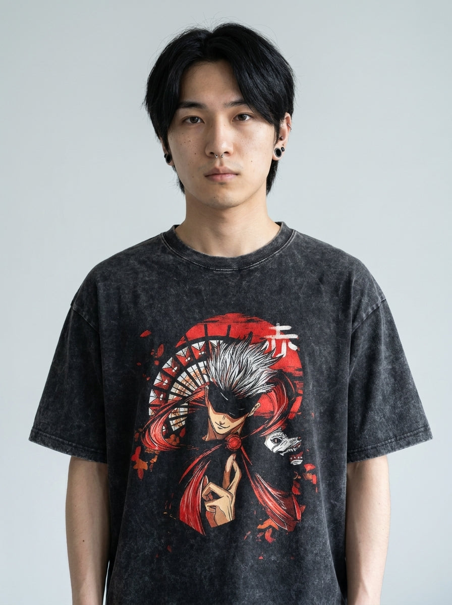 Vintage Washed Jujutsu Kaisen Gojo Sat T-Shirt model frontal central — washed black t-shirt | Tempus Arc premium anime streetwear
