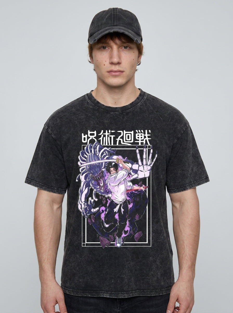 Vintage Washed Jujutsu Kaisen Gojo Sat T-Shirt model frontal central — washed black t-shirt | Tempus Arc premium anime streetwear