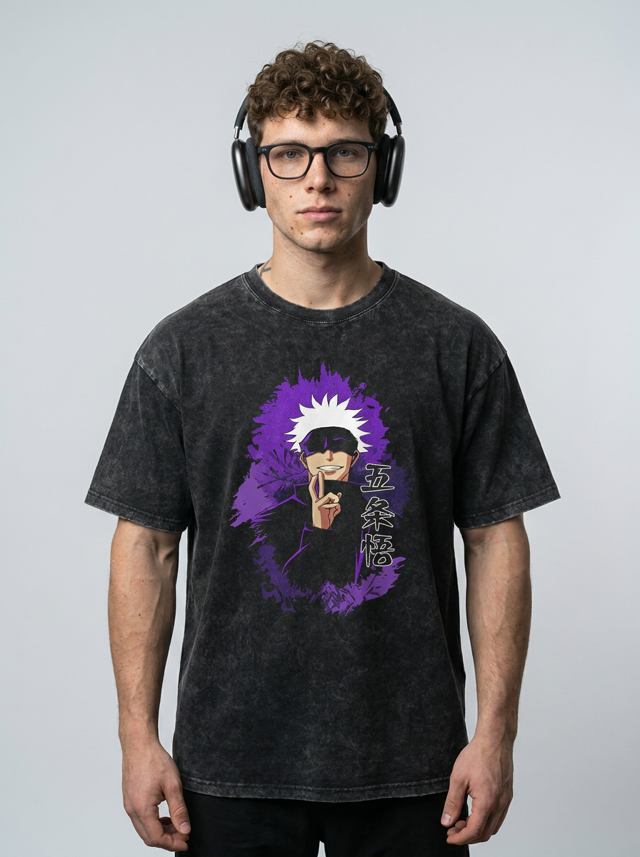 Vintage Washed Jujutsu Kaisen Gojo Sat T-Shirt model frontal central — washed black t-shirt | Tempus Arc premium anime streetwear
