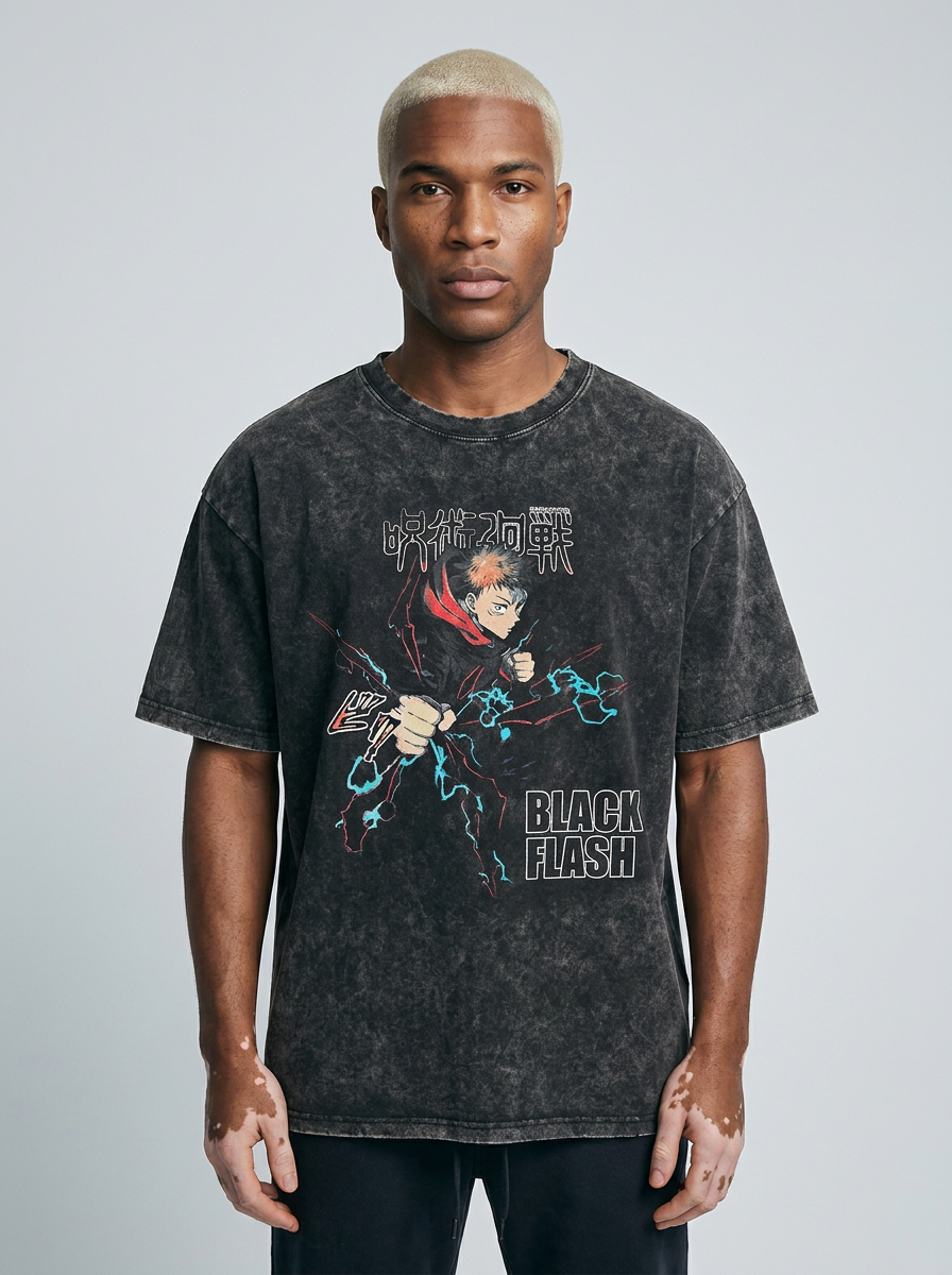 Vintage Washed Jujutsu Kaisen Gojo Sat T-Shirt model frontal central — washed black t-shirt | Tempus Arc premium anime streetwear