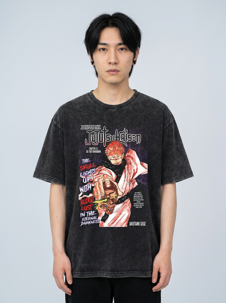 Vintage Washed Jujutsu Kaisen Gojo Sat T-Shirt model frontal central — washed black t-shirt | Tempus Arc premium anime streetwear