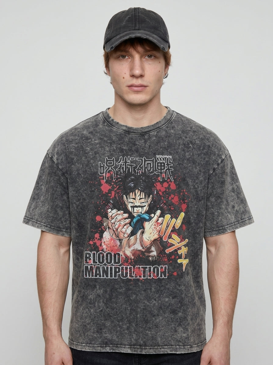 Vintage Washed Jujutsu Kaisen Gojo Sat T-Shirt model frontal central — washed black t-shirt | Tempus Arc premium anime streetwear