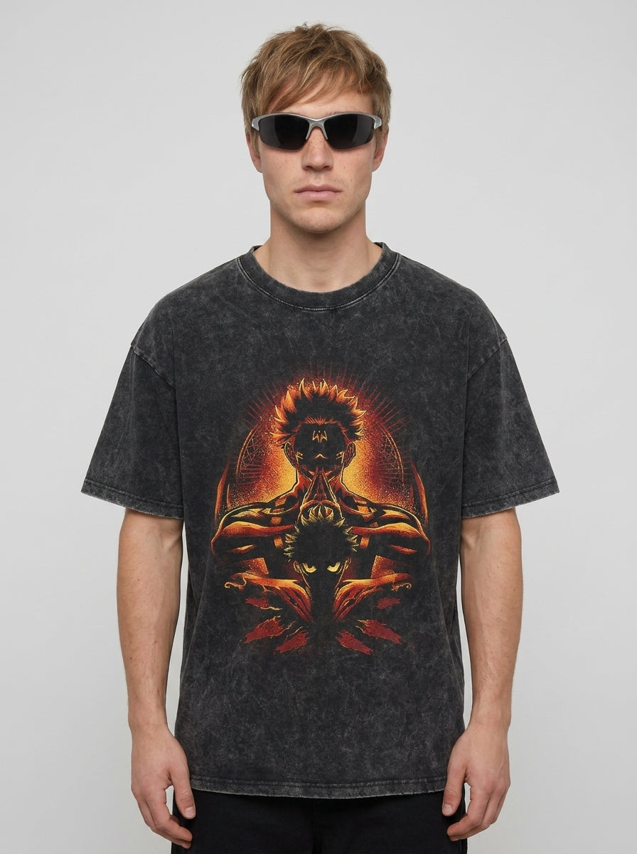 Vintage Washed Jujutsu Kaisen Gojo Sat T-Shirt model frontal central — washed black t-shirt | Tempus Arc premium anime streetwear