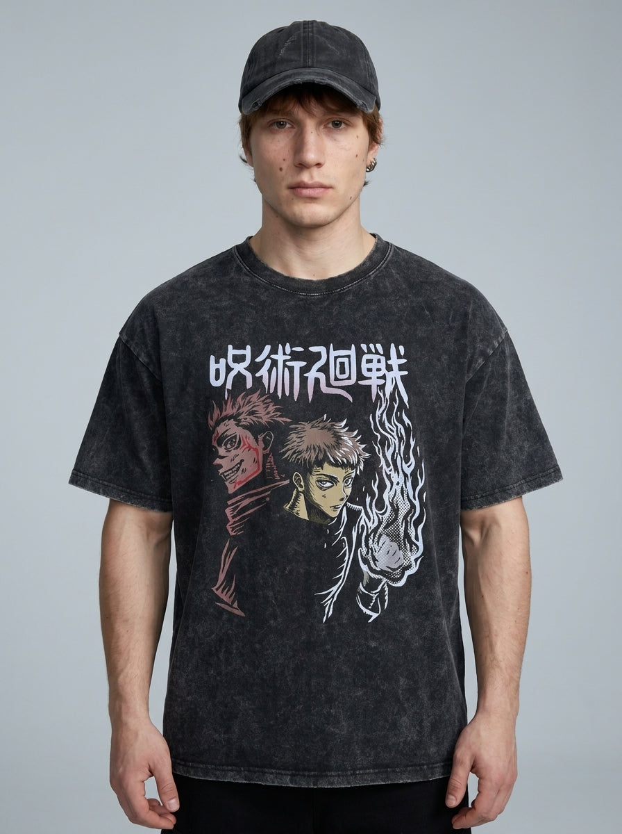 Vintage Washed Jujutsu Kaisen Gojo Sat T-Shirt model frontal central — washed black t-shirt | Tempus Arc premium anime streetwear