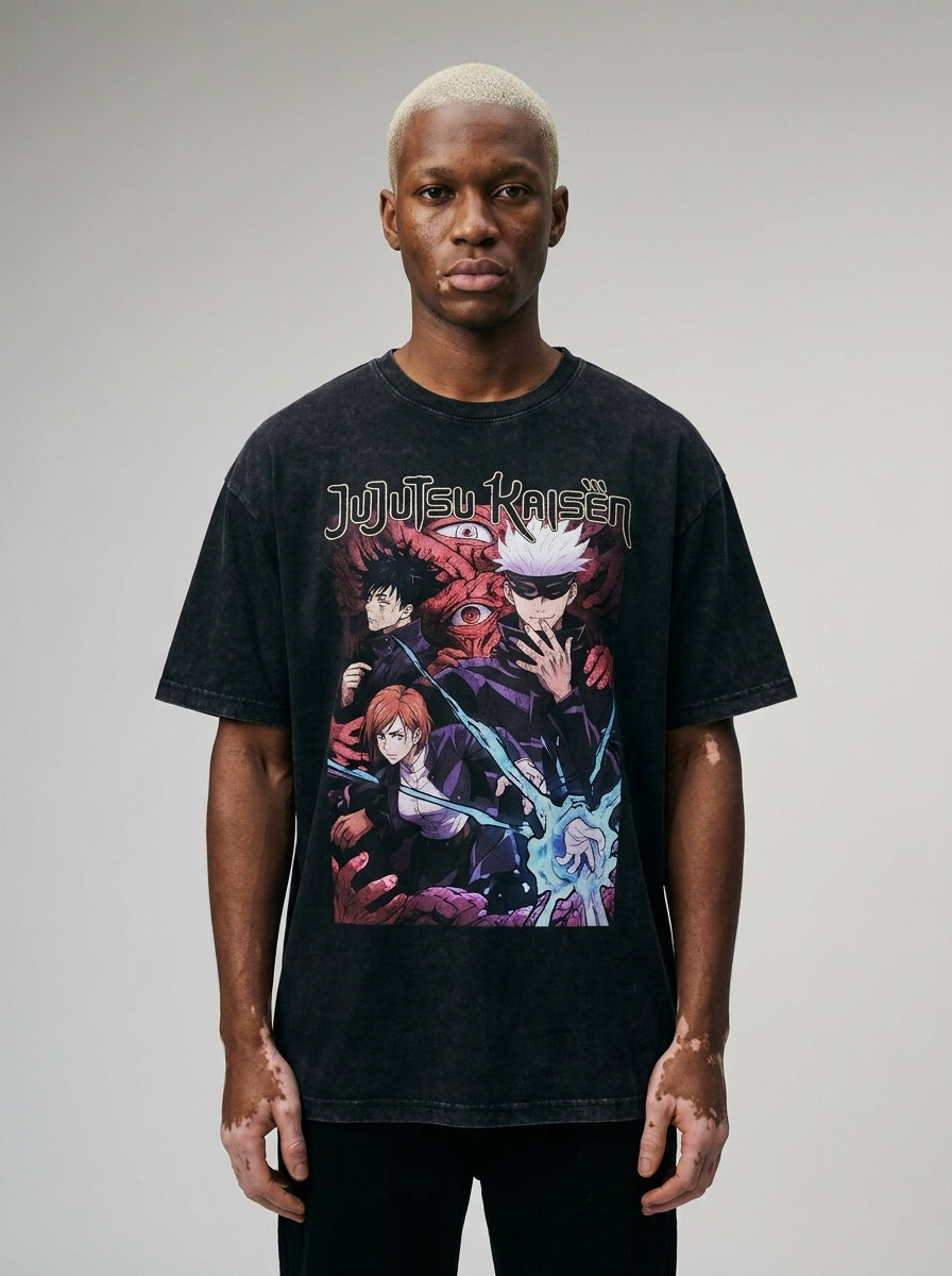 Vintage Washed Jujutsu Kaisen Gojo Sat T-Shirt model frontal central — washed black t-shirt | Tempus Arc premium anime streetwear