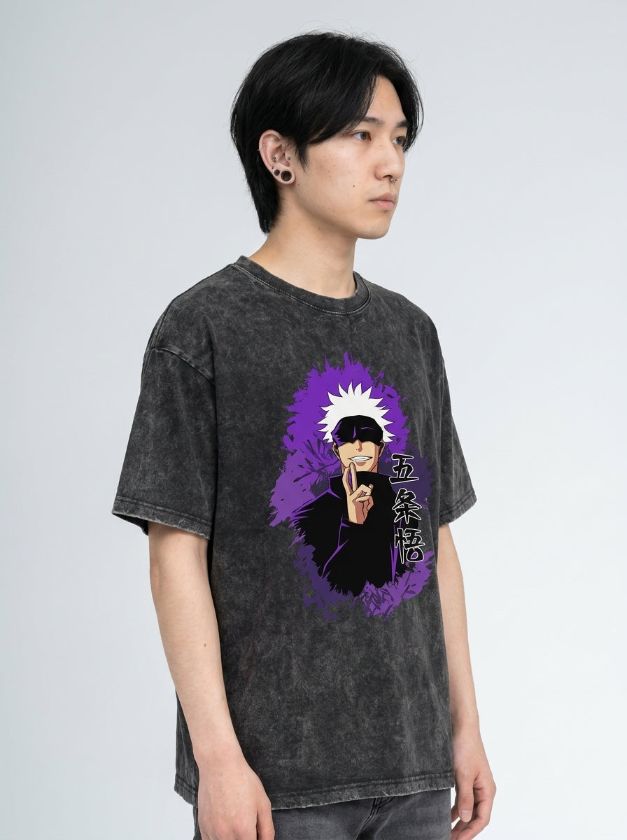 Vintage Washed Jujutsu Kaisen Gojo Sat T-Shirt side view on model — oversized washed cotton t-shirt | Tempus Arc premium anime streetwear