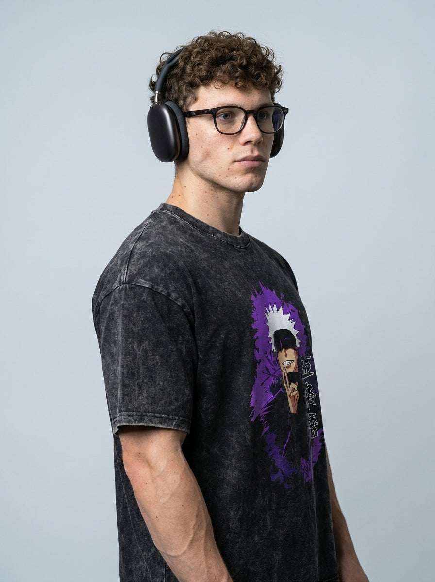 Vintage Washed Jujutsu Kaisen Gojo Sat T-Shirt model lateral 3/4 — oversized washed cotton t-shirt | Tempus Arc premium anime streetwear