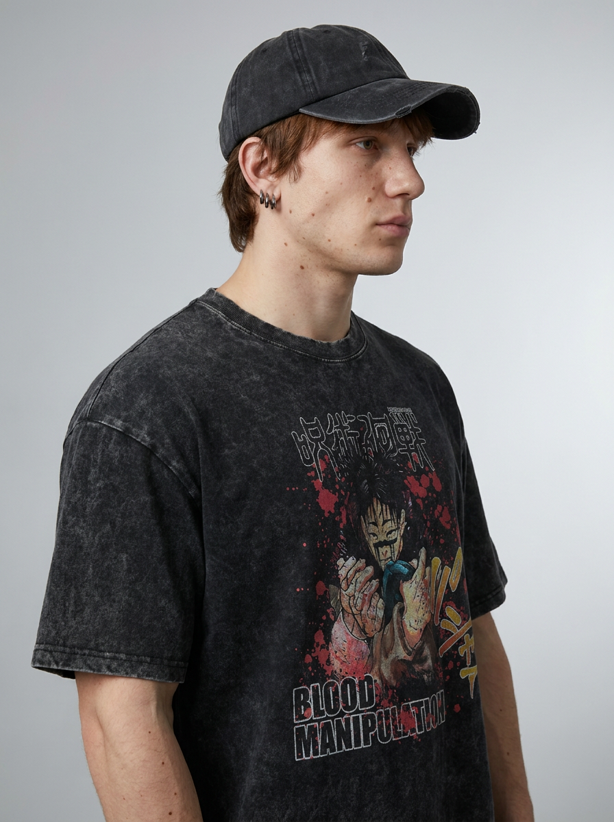 Vintage Washed Jujutsu Kaisen Gojo Sat T-Shirt model lateral 3/4 — oversized washed cotton t-shirt | Tempus Arc premium anime streetwear