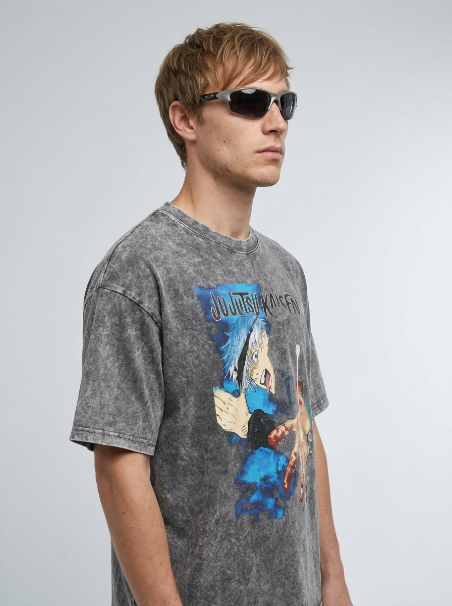 Vintage Washed Jujutsu Kaisen Gojo Sat T-Shirt model lateral 3/4 — oversized washed cotton t-shirt | Tempus Arc premium anime streetwear