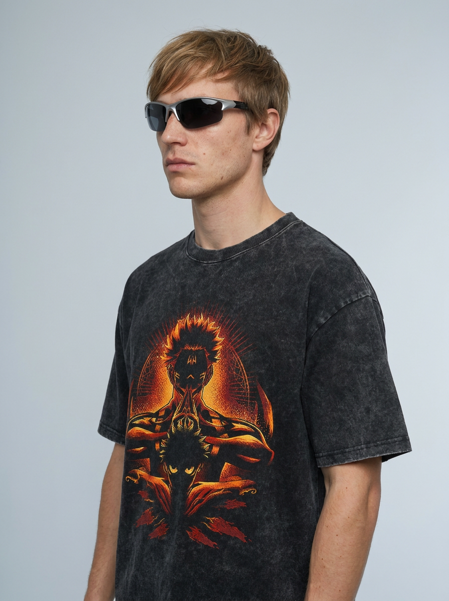 Vintage Washed Jujutsu Kaisen Gojo Sat T-Shirt model lateral 3/4 — oversized washed cotton t-shirt | Tempus Arc premium anime streetwear