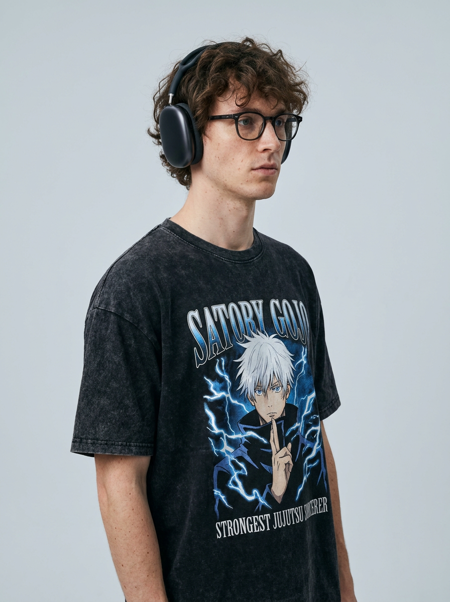 Vintage Washed Jujutsu Kaisen Gojo Sat T-Shirt model lateral 3/4 — oversized washed cotton t-shirt | Tempus Arc premium anime streetwear