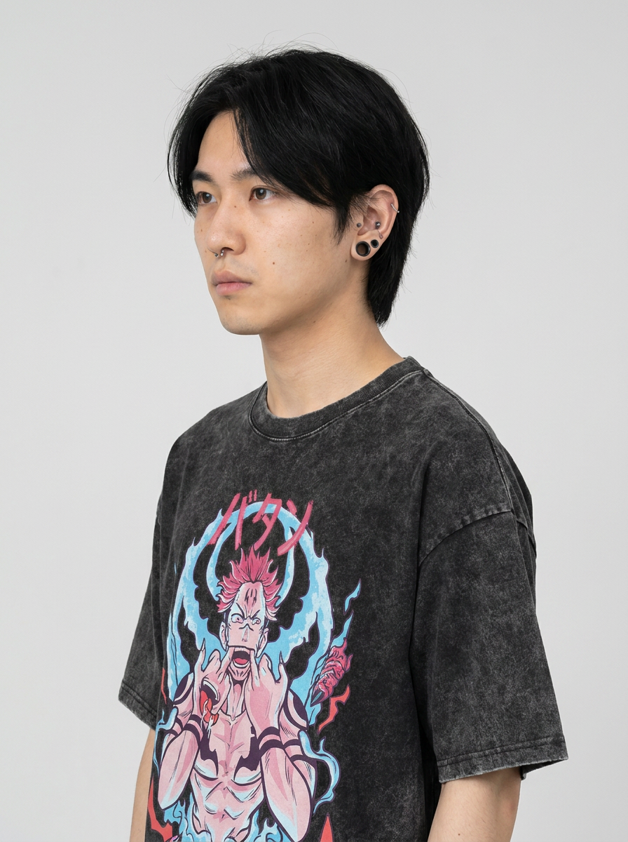 Vintage Washed Jujutsu Kaisen Gojo Sat T-Shirt model lateral 3/4 — oversized washed cotton t-shirt | Tempus Arc premium anime streetwear