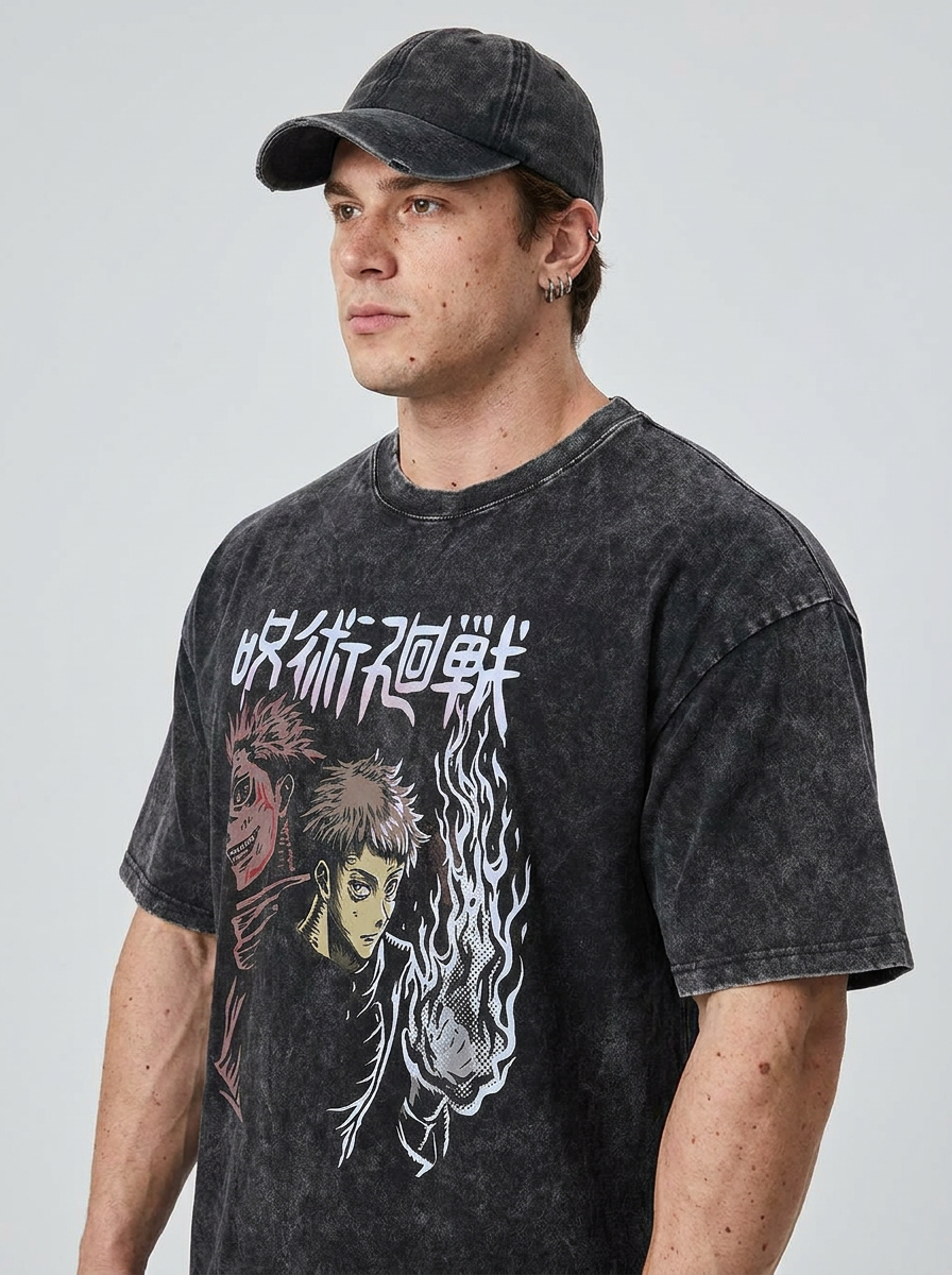 Vintage Washed Jujutsu Kaisen Gojo Sat T-Shirt model lateral 3/4 — oversized washed cotton t-shirt | Tempus Arc premium anime streetwear