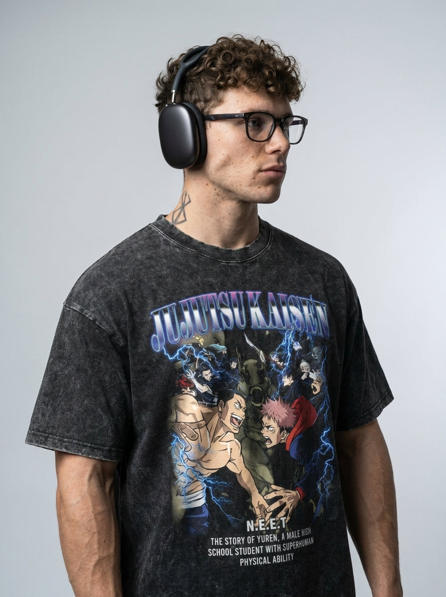 Vintage Washed Jujutsu Kaisen Gojo Sat T-Shirt model lateral 3/4 — oversized washed cotton t-shirt | Tempus Arc premium anime streetwear