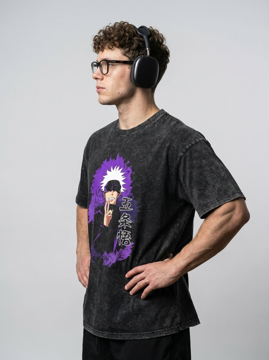 Vintage Washed Jujutsu Kaisen Gojo Sat T-Shirt model side profile athletic — washed cotton t-shirt | Tempus Arc premium anime streetwear