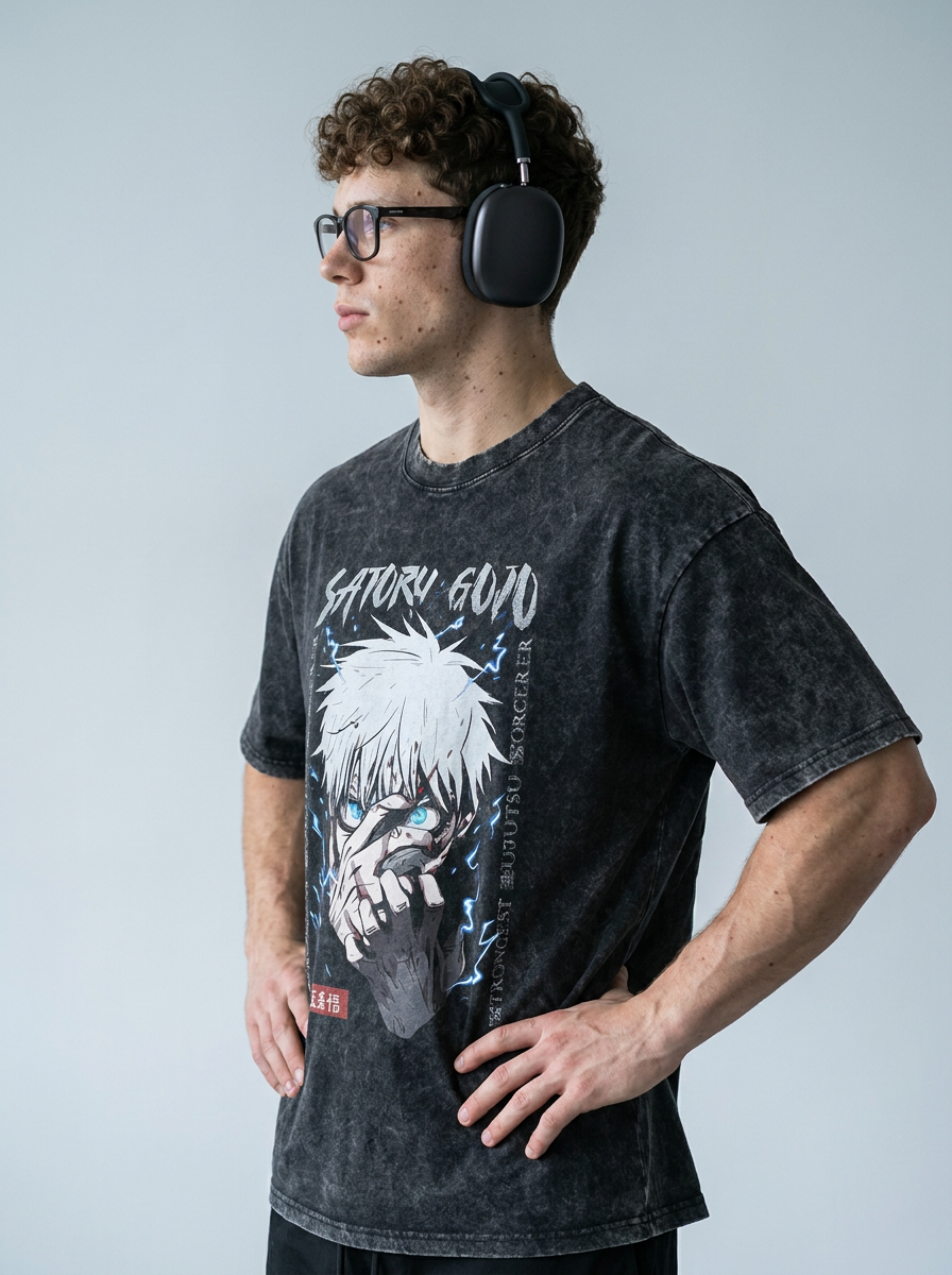 Vintage Washed Jujutsu Kaisen Gojo Sat T-Shirt model side profile athletic — washed cotton t-shirt | Tempus Arc premium anime streetwear
