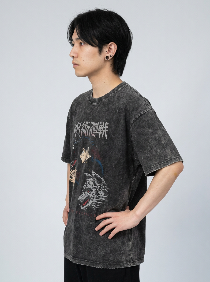 Vintage Washed Jujutsu Kaisen Gojo Sat T-Shirt model side profile athletic — washed cotton t-shirt | Tempus Arc premium anime streetwear