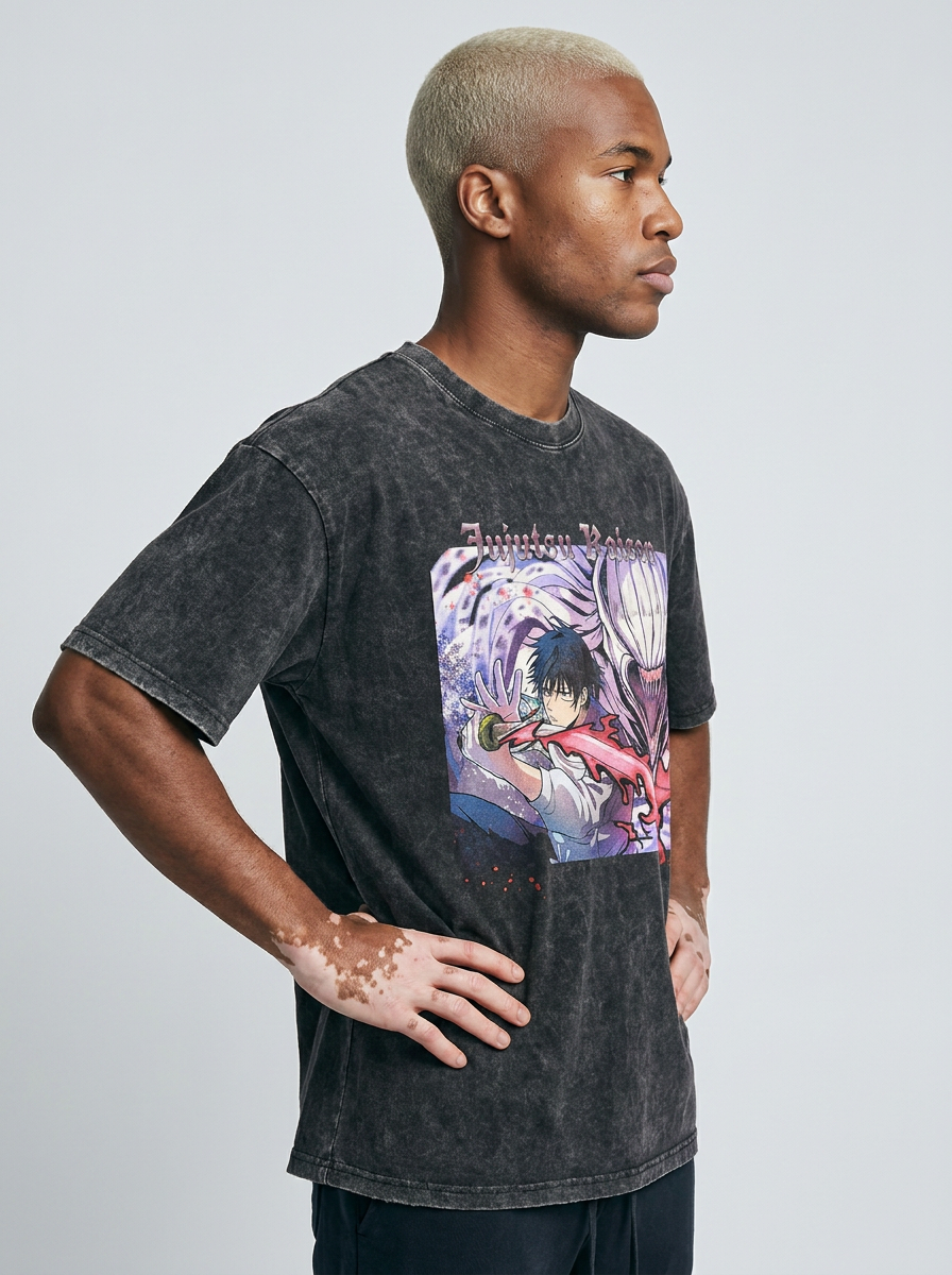 Vintage Washed Jujutsu Kaisen Gojo Sat T-Shirt model side profile athletic — washed cotton t-shirt | Tempus Arc premium anime streetwear