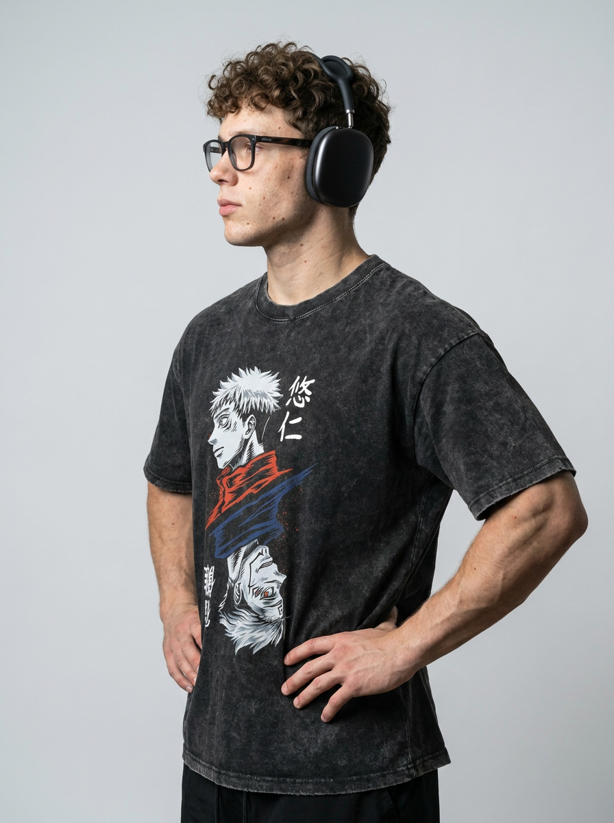 Vintage Washed Jujutsu Kaisen Gojo Sat T-Shirt model side profile athletic — washed cotton t-shirt | Tempus Arc premium anime streetwear