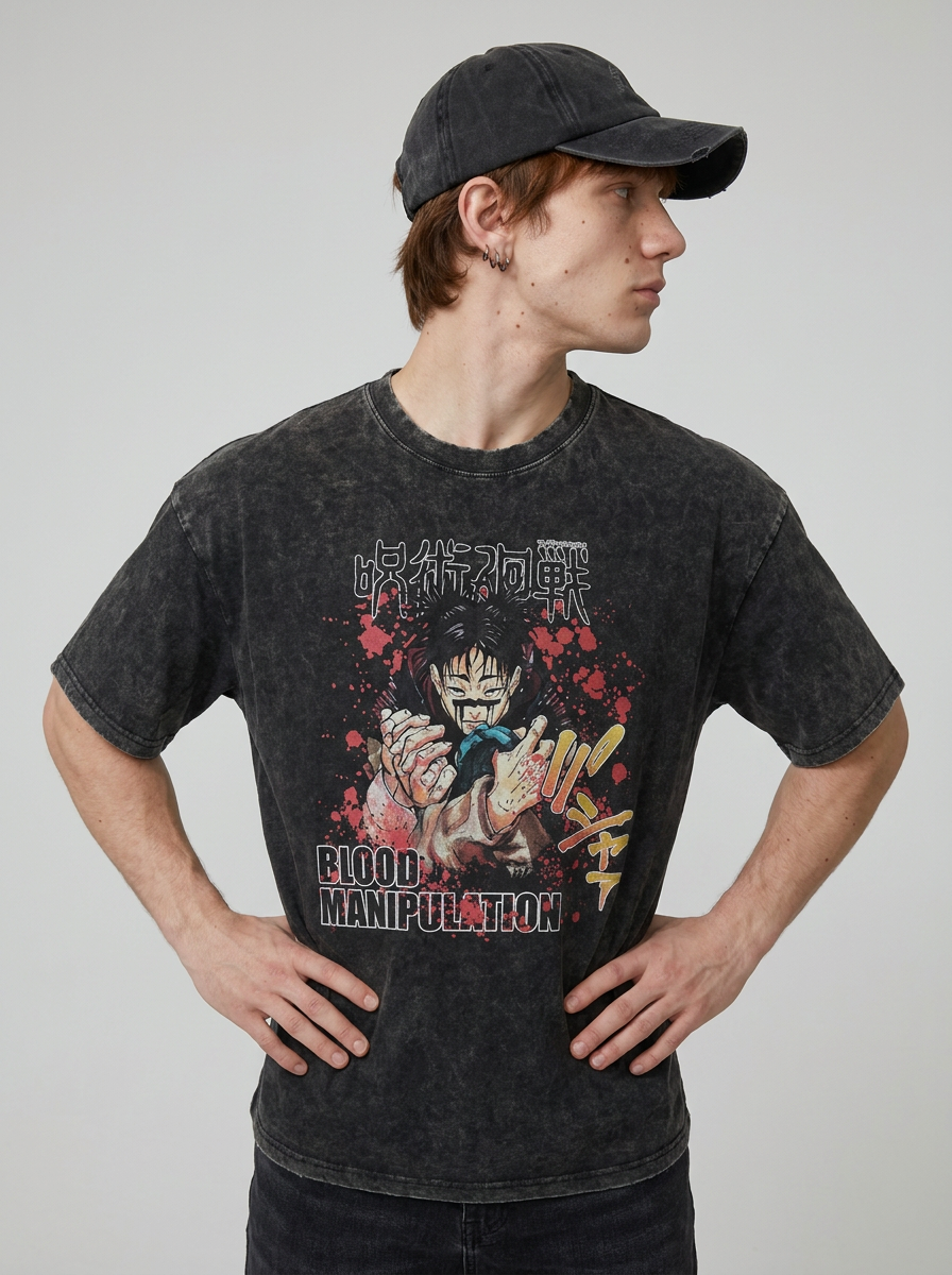 Vintage Washed Jujutsu Kaisen Gojo Sat T-Shirt model side profile athletic — washed cotton t-shirt | Tempus Arc premium anime streetwear