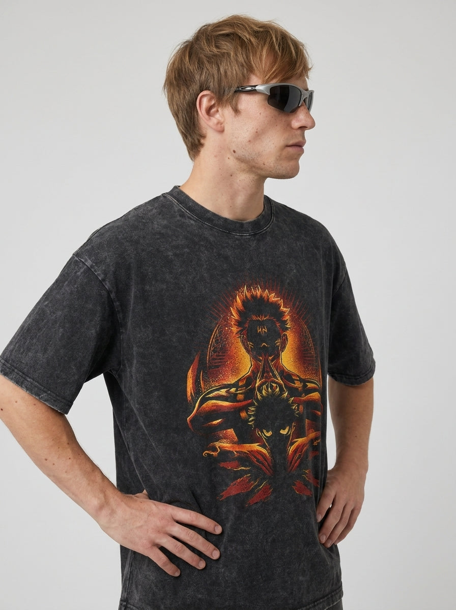 Vintage Washed Jujutsu Kaisen Gojo Sat T-Shirt model side profile athletic — washed cotton t-shirt | Tempus Arc premium anime streetwear