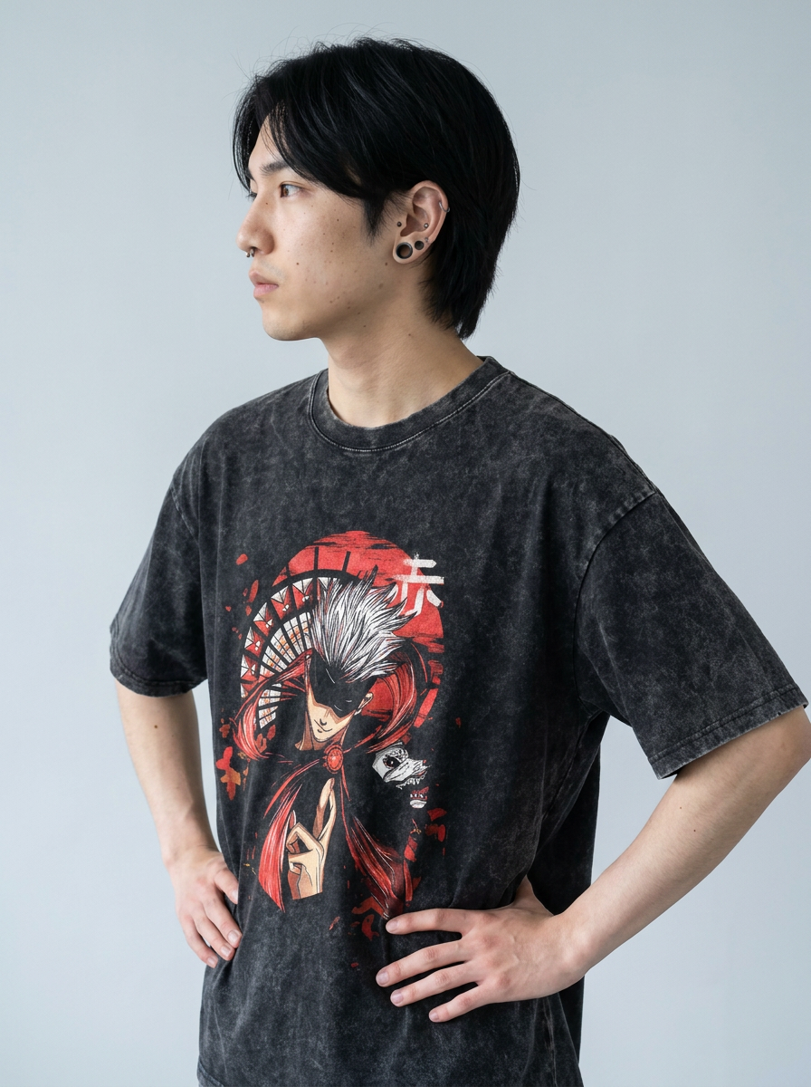 Vintage Washed Jujutsu Kaisen Gojo Sat T-Shirt model side profile athletic — washed cotton t-shirt | Tempus Arc premium anime streetwear