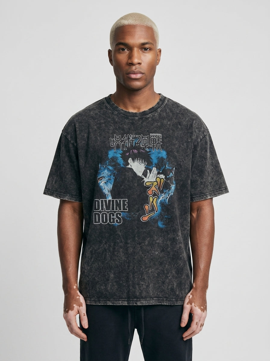 Vintage Washed Jujutsu Kaisen Gojo Sat T-Shirt full body model — oversized boxed t-shirt | Tempus Arc premium anime streetwear