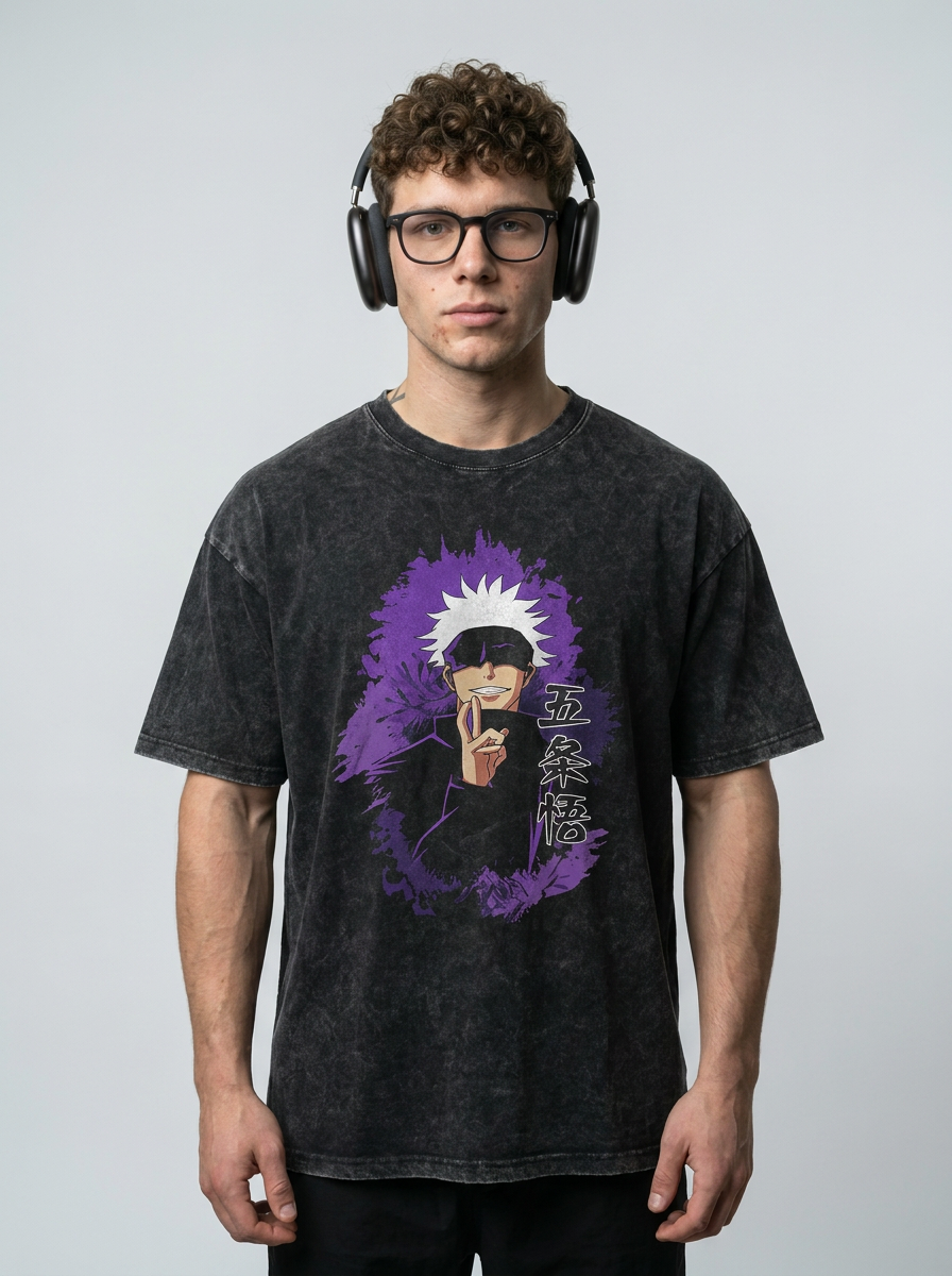 Vintage Washed Jujutsu Kaisen Gojo Sat T-Shirt full body model — oversized boxed t-shirt | Tempus Arc premium anime streetwear