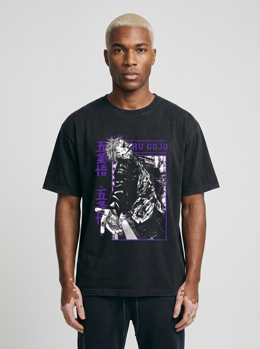 Vintage Washed Jujutsu Kaisen Gojo Sat T-Shirt full body model — oversized boxed t-shirt | Tempus Arc premium anime streetwear