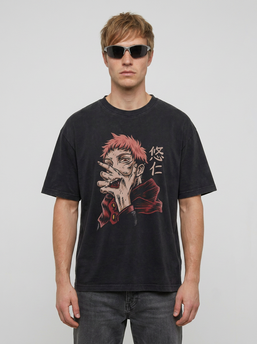 Vintage Washed Jujutsu Kaisen Gojo Sat T-Shirt full body model — oversized boxed t-shirt | Tempus Arc premium anime streetwear