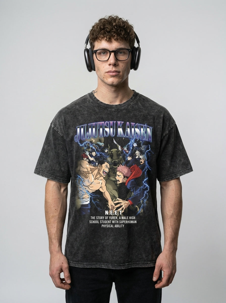 Vintage Washed Jujutsu Kaisen Gojo Sat T-Shirt full body model — oversized boxed t-shirt | Tempus Arc premium anime streetwear