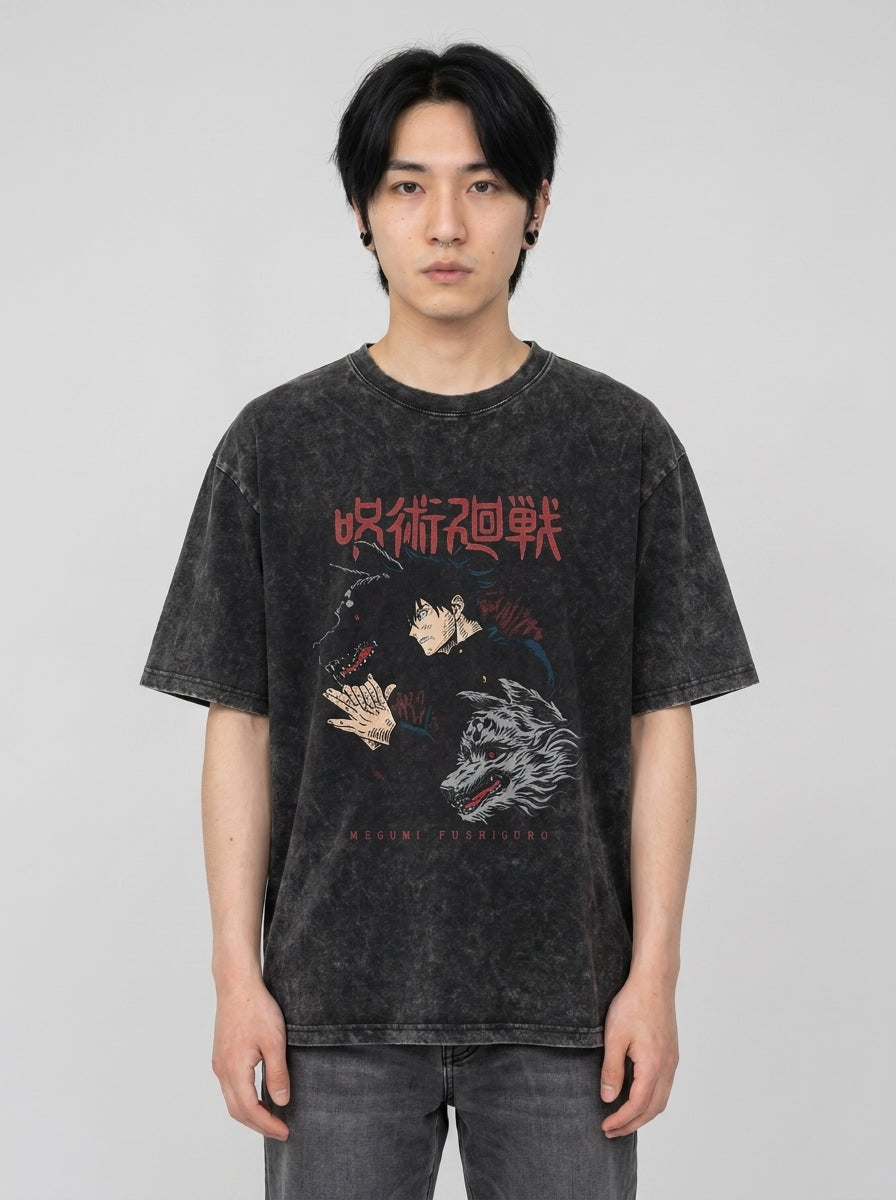 Vintage Washed Jujutsu Kaisen Gojo Sat T-Shirt full body model — oversized boxed t-shirt | Tempus Arc premium anime streetwear
