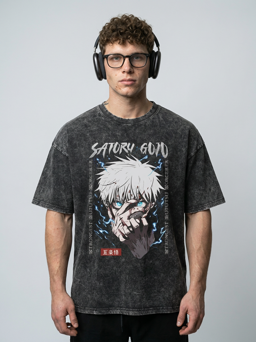 Vintage Washed Jujutsu Kaisen Gojo Sat T-Shirt full body model — oversized boxed t-shirt | Tempus Arc premium anime streetwear