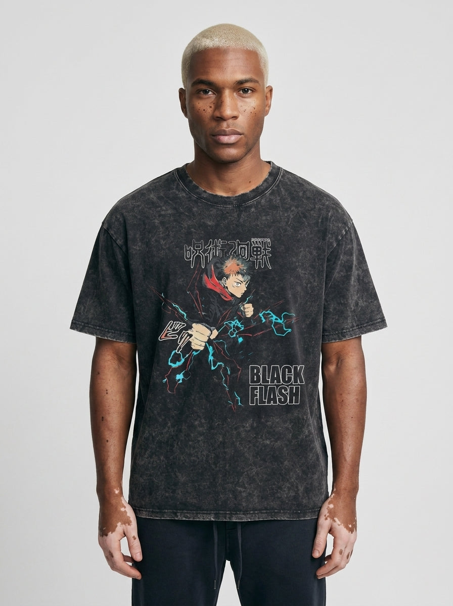 Vintage Washed Jujutsu Kaisen Gojo Sat T-Shirt full body model — oversized boxed t-shirt | Tempus Arc premium anime streetwear
